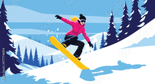 Flat vector of woman snowboarding down snowy hill, fast movement and high-energy winter sports vibe