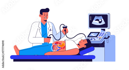 Medical Ultrasound Examination Depicting the Human Body and Abdomen by a Professional Doctor