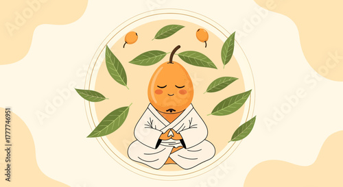 Meditating Asian Pear Character Surrounded by Leaves and Meditative Ambiance