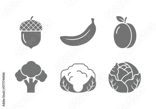 Vector icons representing various fruits and vegetables like banana, plum, broccoli, cauliflower, cabbage, and acorn