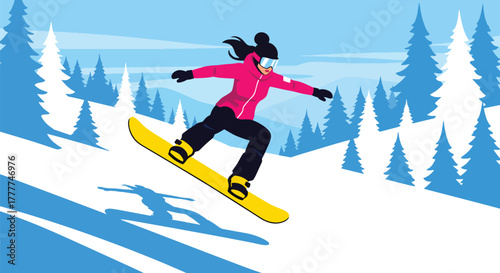 Flat vector of woman snowboarding down snowy hill, fast movement and high-energy winter sports vibe