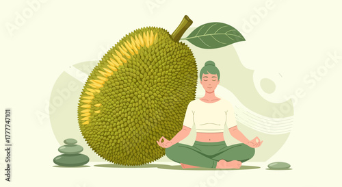 Meditative Woman Beside a Giant Jackfruit, Healthy Lifestyle and Wellness Concept