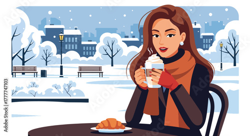 Flat vector of woman drinking hot latte at outdoor café table while snow falls softly, simple peaceful winter moment