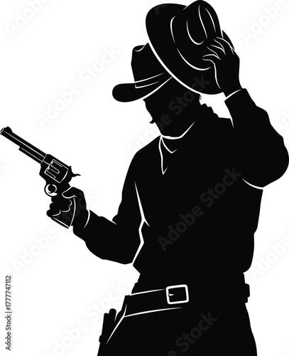 Silhouette of a cowboy tipping his hat and holding a revolver isolated on white background