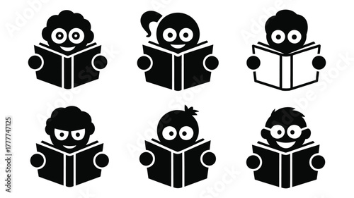 Vector Collection of reading icons with various expressions set of cute student characters for fun designs