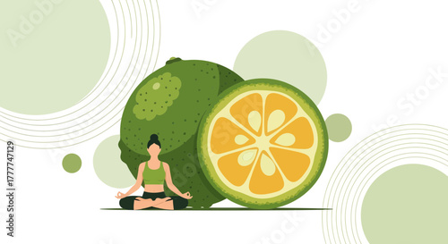 Meditative Woman Beside Citrus Fruit Illustrating Wellness and Tranquility