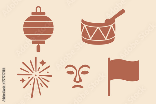 Collection of traditional chinese festival icons featuring a lantern drum firework mask and flag in a simple silhouette style