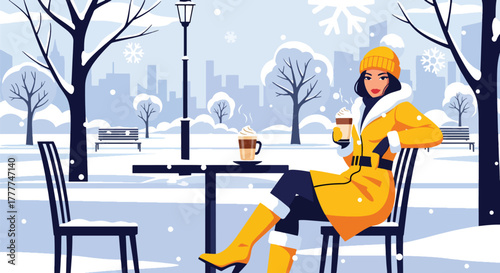 Flat vector of woman drinking hot latte at outdoor café table while snow falls softly, simple peaceful winter moment
