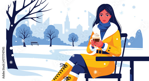 Flat vector of woman drinking hot latte at outdoor café table while snow falls softly, simple peaceful winter moment