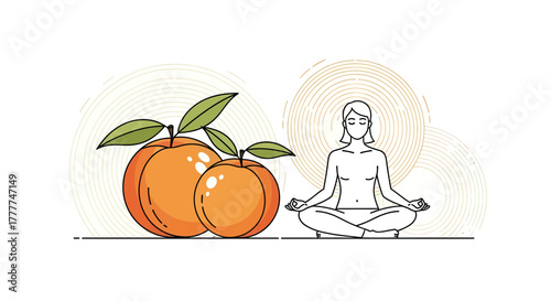 Meditative Woman Beside Fresh Peaches With Leafy Branches Artistic Illustration