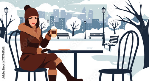 Flat vector of woman drinking hot latte at outdoor café table while snow falls softly, simple peaceful winter moment