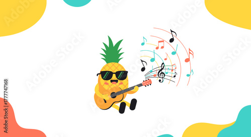 Melodious Tropical Pineapple Delight Playing An Acoustic Guitar with Musical Notes Everywhere