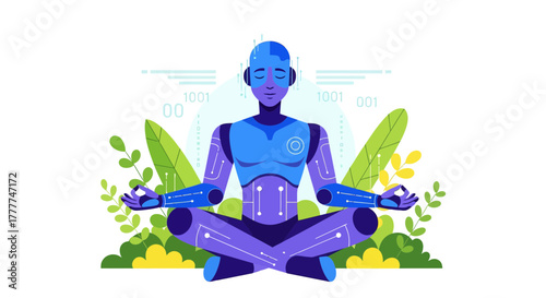 Meditating Robot Demonstrating Peace And Tranquility in a Nature-Inspired Environment
