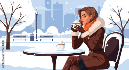 Flat vector of woman drinking hot latte at outdoor café table while snow falls softly, simple peaceful winter moment