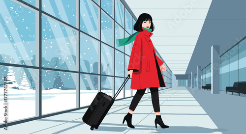 Flat vector of woman rolling suitcase inside airport terminal, snow visible through big window, stylish winter travel theme