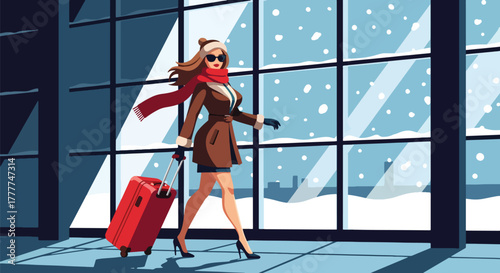 Flat vector of woman rolling suitcase inside airport terminal, snow visible through big window, stylish winter travel theme