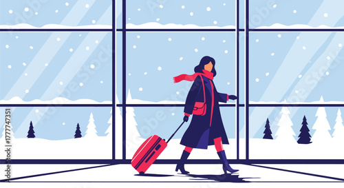 Flat vector of woman rolling suitcase inside airport terminal, snow visible through big window, stylish winter travel theme