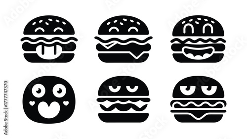 Vector Set of six hamburger emoticons cute and funny cartoon character with different expressions and emotions