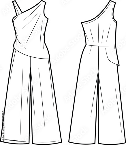One-shoulder jumpsuit sketch, asymmetrical draped bodice, diagonal pleats, wide-leg pants, front and back view, fashion illustration, vector template