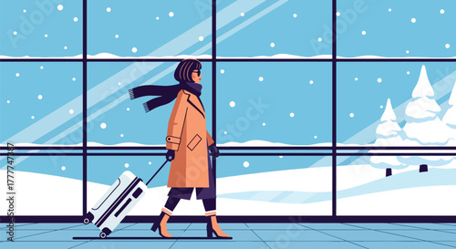 Flat vector of woman rolling suitcase inside airport terminal, snow visible through big window, stylish winter travel theme