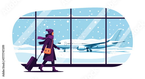 Flat vector of woman rolling suitcase inside airport terminal, snow visible through big window, stylish winter travel theme