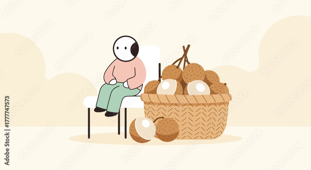 Obraz premium Minimalist Illustration of a Person Relaxing Near a Basket of Fresh Longan Fruits