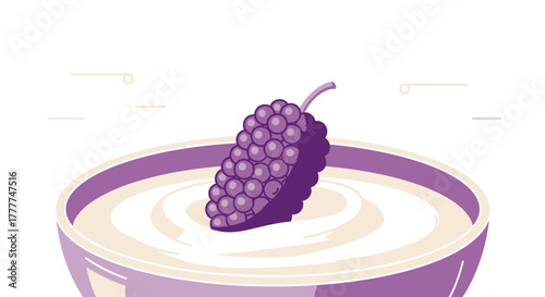Minimalist Illustration of a Bunch of Grapes in a Purple Bowl of Creamy Yogurt Offering