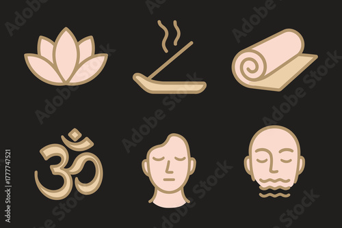 Collection of six spiritual and wellness icons including lotus flower incense stick rolled towel om symbol and meditating faces
