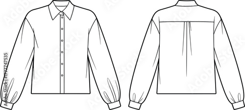 Voluminous sleeve shirt sketch, button-up front, wide cuff detail, classic collar, front and back view, technical fashion CAD, vector template