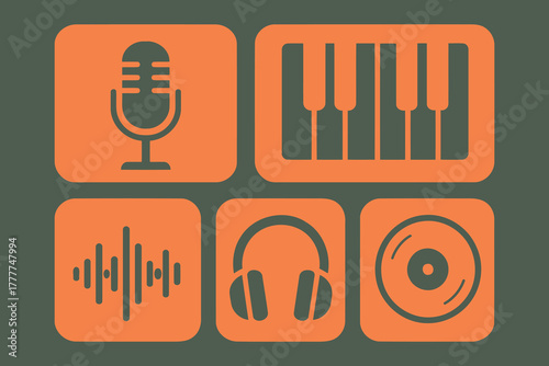Collection of music production icons including a microphone piano keyboard sound waves headphones and a cd disc
