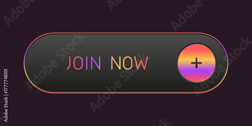 Modern rainbow and black rounded CTA button with shine, "Join now" text, 3D effect, web UI element for landing pages, mobile apps or banners.