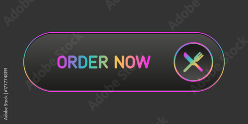Modern rainbow and black rounded CTA button with shine, "Order now" text, 3D effect, web UI element for landing pages, mobile apps or banners.