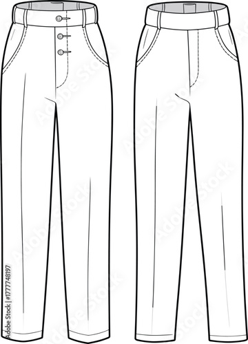 High-waist trousers sketch, button fly and concealed fly styles, slanted pockets, tailored fit, front view comparison, technical fashion CAD, vector template