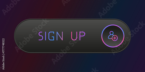 Modern rainbow and black rounded CTA button with shine, "Sign up" text, 3D effect, web UI element for landing pages, mobile apps or banners.