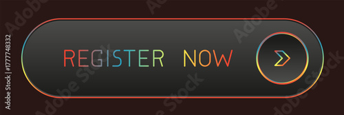 Modern rainbow and black rounded CTA button with shine, "Register now" text, 3D effect, web UI element for landing pages, mobile apps or banners.