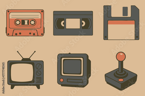 Retro technology icons featuring a cassette tape floppy disk vintage television video game console and joystick on a muted background
