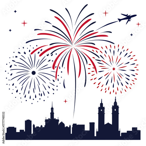 A festive cityscape silhouette is illuminated by vibrant fireworks, as a plane soars overhead, celebrating a special occasion against a clean white backdrop, vector illustration