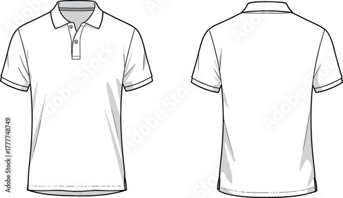 Short sleeve polo shirt front back view, fashion sketch, technical drawing, garment design, apparel template, collar, placket, cuff, hemline