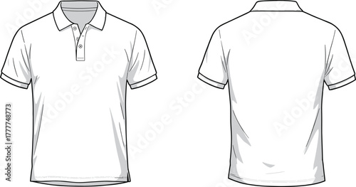 Short sleeve polo shirt front and back view, fashion sketch, apparel template, blank garment, collar, placket, cuff, vector illustration