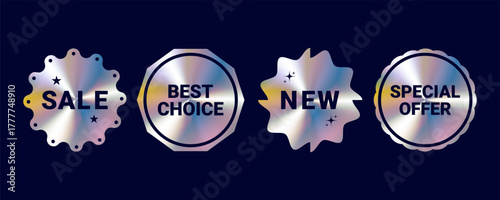 A set of colorful holographic stickers. Bright rainbow emblems. Sale, best choice, new arrivals, special offer. Vector.