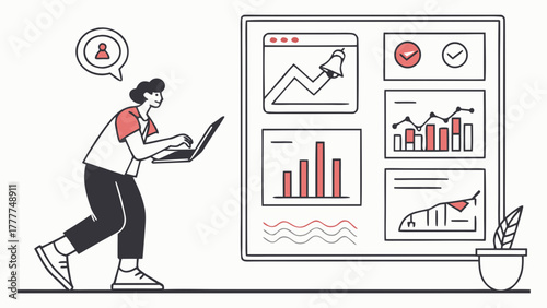 Young analyst working with laptop in front of large data dashboard showing charts and graphs