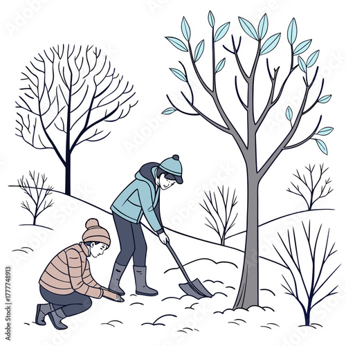 Two boys are planting a tree in winter, one is digging a hole with a shovel, the other is holding the tree, they are wearing warm clothes