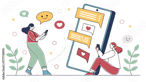 People chatting on smartphones with social media messages and emoticons around them