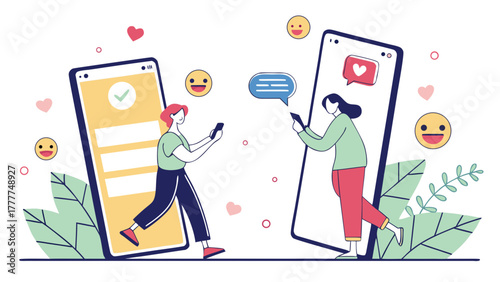Ключові слова сказал:

Man and woman chatting on smartphones with emojis and hearts around representing online communication