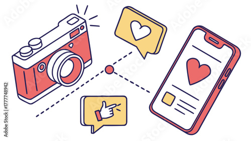Social media interaction with camera and smartphone connected by likes and engagement icons