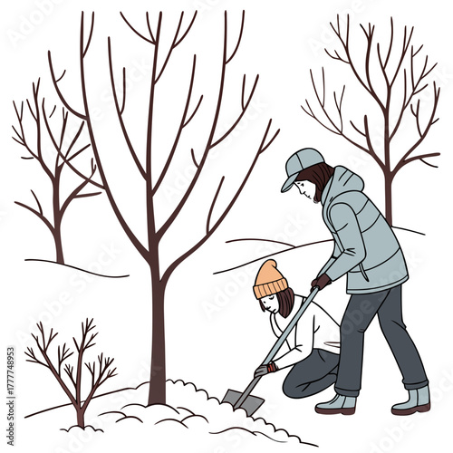 Two people are planting a tree in winter, one is digging a hole with a shovel, the other is holding the tree, they are wearing warm clothes