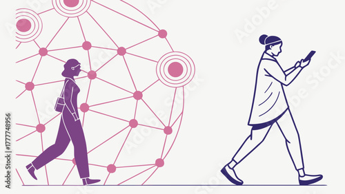 Women walking with smartphones in digital connected world with network background