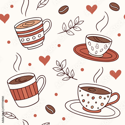 Seamless pattern with coffee cups, coffee beans, hearts and leaves, a cozy and warm design for coffee lovers, perfect for backgrounds, textiles, and wrapping paper