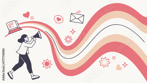 Woman with megaphone spreading digital content through laptop and email icons in colorful wave