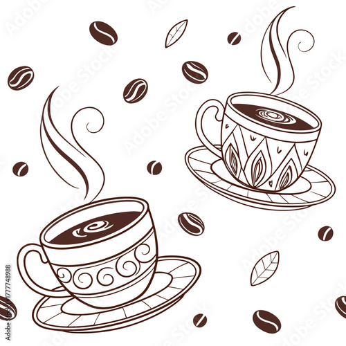 Seamless pattern with hand drawn coffee cups, beans and leaves vector illustration of hot drink in doodle style for textile, wrapping paper